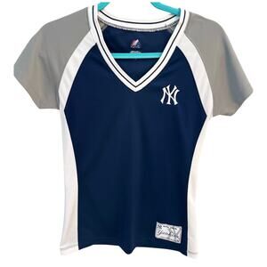 Y2K New York Yankees MLB V-Neck Jersey - Navy White Grey - Women’s Size Small